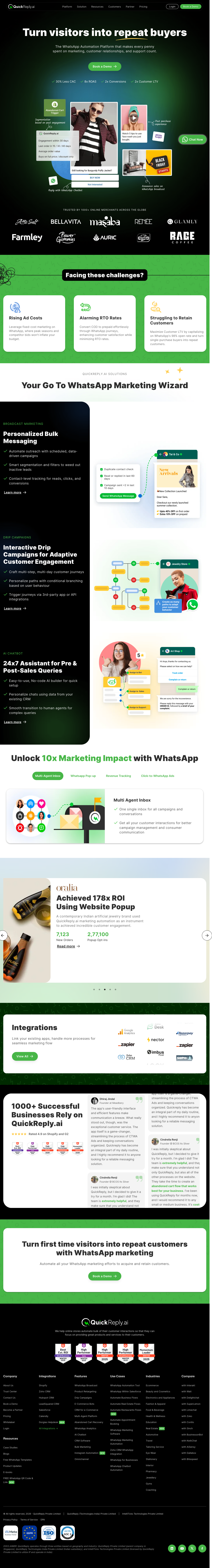 QuickReply.ai homepage — WhatsApp marketing for Shopify stores