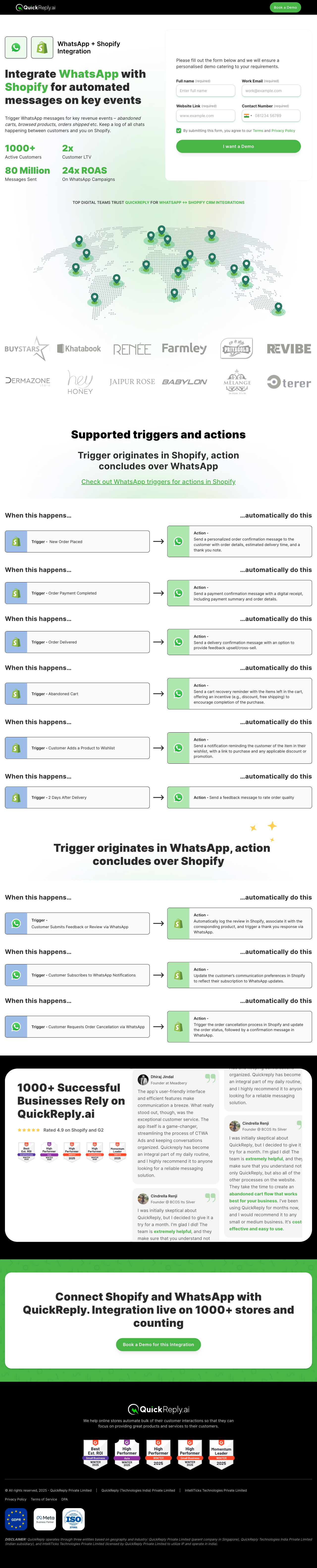 QuickReply.ai — WhatsApp and Shopify integration demo page